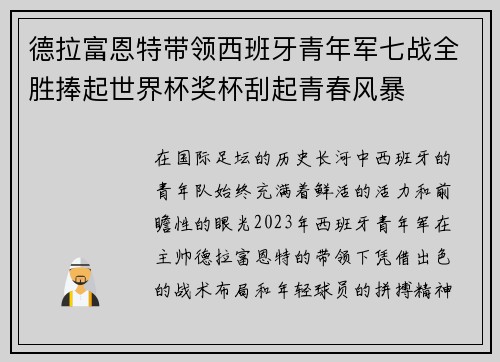德拉富恩特带领西班牙青年军七战全胜捧起世界杯奖杯刮起青春风暴 德拉富恩特带领西班牙青年军七战全胜捧起世界杯奖杯刮起青春风暴