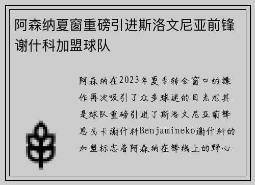 阿森纳夏窗重磅引进斯洛文尼亚前锋谢什科加盟球队 阿森纳夏窗重磅引进斯洛文尼亚前锋谢什科加盟球队